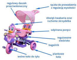 3-kołowy Rowerek dla dzieci Kaczka Fioletowy + Dźwięki + Daszek + Barierka + Podnóżek + Rączka + Schowek
