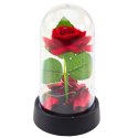 Wieczna Róża w Kopule z Oświetleniem LED Czerwona z Płatkami Róż 14x8cm