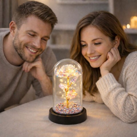 Wieczna Róża W Szklanej Kopule Oświetlenie LED Kryształowa 21,5 x 11 cm