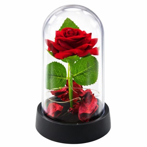 Wieczna Róża w Kopule z Oświetleniem LED Czerwona z Płatkami Róż 14x8cm