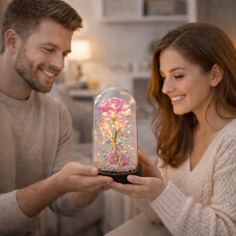 Wieczna Róża w Kopule z Oświetleniem LED Różowa z Serduszkiem i Kuleczkami