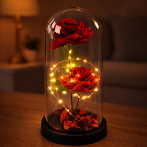 Wieczne 2 Róże w Kopule z Oświetleniem LED i Płatkami Róż Czerwone 21x11cm