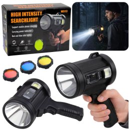 Latarka LED Szperacz Solarna 6 Trybów Powerbank Wymienne Filtry 23 cm