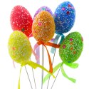 Jajka Wielkanocne Na Piku Druciku Kolorowe Białe Wzorki Wstążka Ozdoba 6szt
