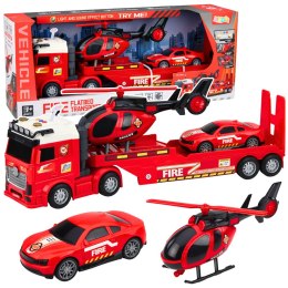Zestaw Strażacki Ratunkowy Ciężarówka Laweta Auto Helikopter Światła Dźwięk