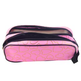 Piórnik Szkolny Biurowy Dwukomorowy Złote Serca Różowy 23,5x10 cm