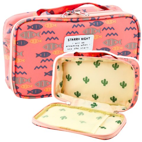 Piórnik Szkolny Organizer Pojemny Dodatkowa Kieszonka Ryby Różowy 21,5cm